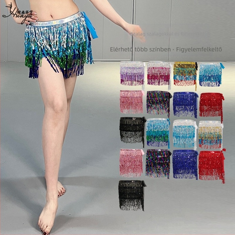 Hastánc deréköv tassel pailetekkel, bohem csípőkendő poliészter és sifon anyagból, női előadásokhoz, 2025 tavasz