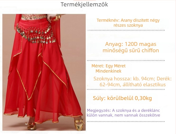 Nemzeti Táncruha - Felnőtt, has-táncra és néptáncra alkalmas szoknya, 120D chiffon, chiffon bélés