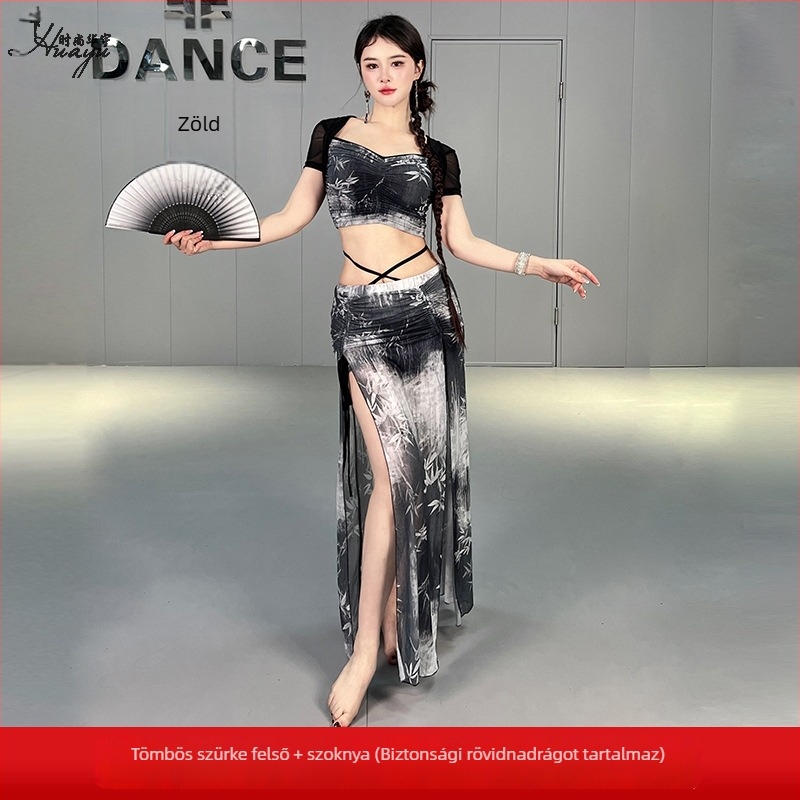 Női Belly Dance edző készlet hosszú szoknyával, nyomtatott hálószövött anyag, nylon 70–80%, 2024 nyár