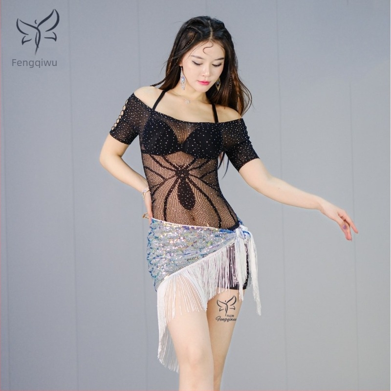 Deréklánc a belly dance-hez - hálós anyagból készült öv tassels és flitterekkel, egyszerűs csomagolás? testreszabható Phoenix Dance