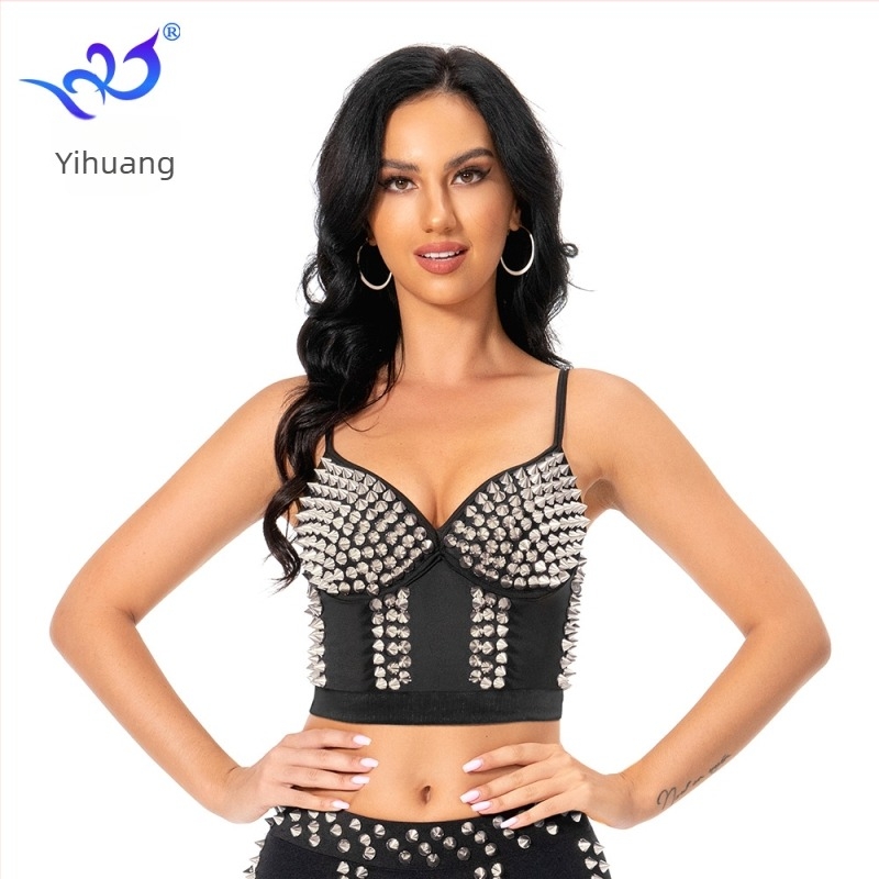 Belly dance ruha punk szegecses toppal, poliészter-elasztán keverék, női színpadi viselet, nyár 2023