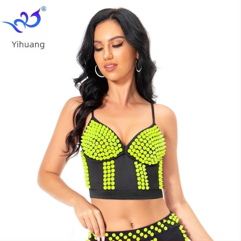 Belly dance ruha punk szegecses toppal, poliészter-elasztán keverék, női színpadi viselet, nyár 2023