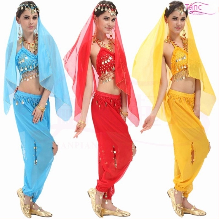 Felnőtt indiai tánc előadására szánt kosztüm – néptáncra, Belly Dance ruházat melltartóval és Yangko öltözet