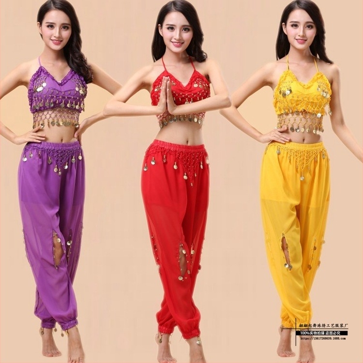 Felnőtt indiai tánc előadására szánt kosztüm – néptáncra, Belly Dance ruházat melltartóval és Yangko öltözet