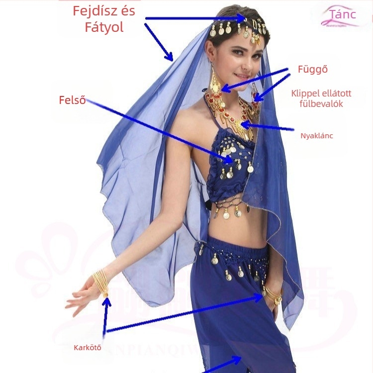 Felnőtt indiai tánc előadására szánt kosztüm – néptáncra, Belly Dance ruházat melltartóval és Yangko öltözet