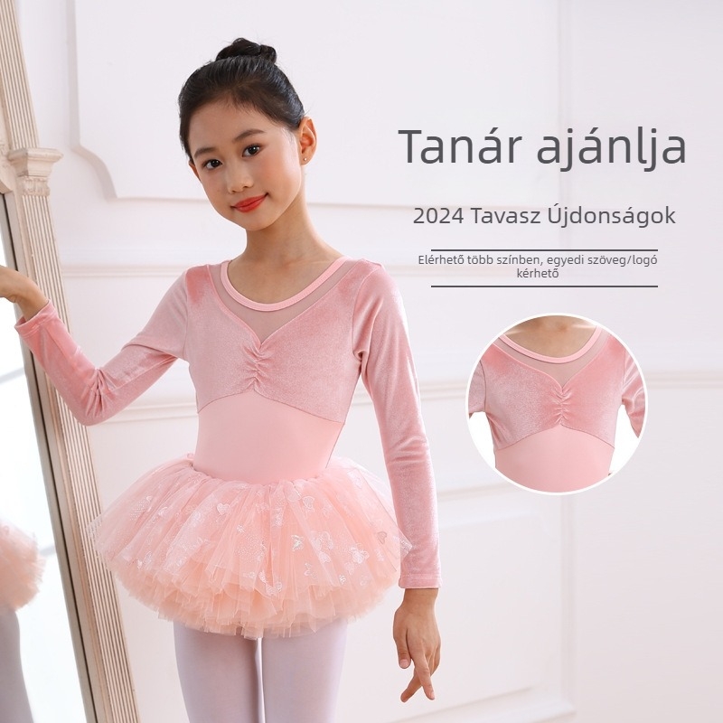 Gyerekeknek szóló balett gyakorlóruha, 65% nylon, puha feldolgozású anyag, lányoknak, 3–8 évesek, tavasz/ősz