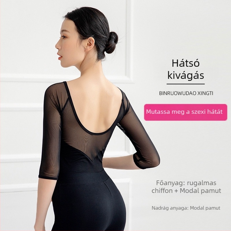 Női modern tánctop hálós ujjakkal, modal anyag, 95% pamut, színpadra és baletre megfelelő