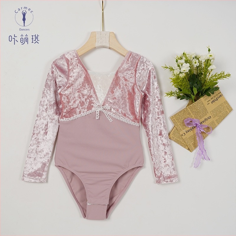 3–8 éves lányok balettelőadásra készült hosszú ujjú nylon ruházat bársony panellel és masnival, tavasz–ősz