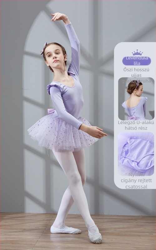Gyerekeknek szóló balett ruha rövid ujjúval és hátul masnival; 94% pamut; hercegnő stílus; 3–8 éveseknek; nyár