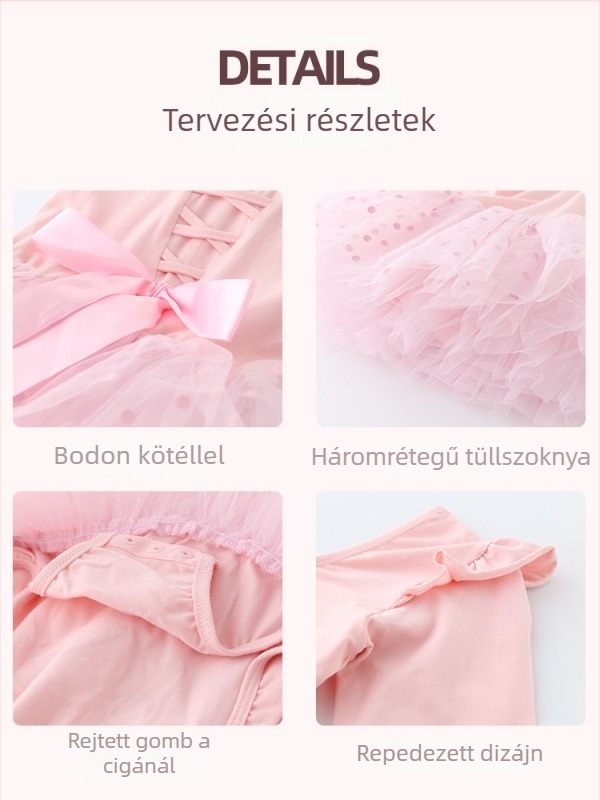 Gyerekeknek szóló balett ruha rövid ujjúval és hátul masnival; 94% pamut; hercegnő stílus; 3–8 éveseknek; nyár