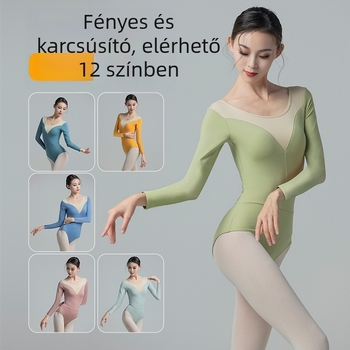 Felnőtt balett egyrészes ruha – hosszú ujjú, V-nyakú, nylon 88% spandex, bélés Milk Silk 88% poliészterrel, színpadi és balett gyakorlására