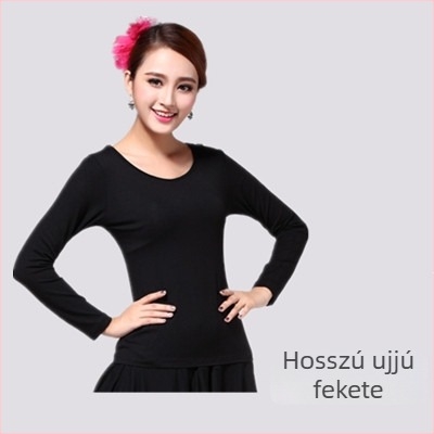 Női hosszú ujjú tánctop környakú kivitelben; modal szövet 98% pamut tartalom, bélés 95% pamut; egyszínű; alkalmas balet, latin tánc és nemzeti standard tánc számára; egész évben viselhető