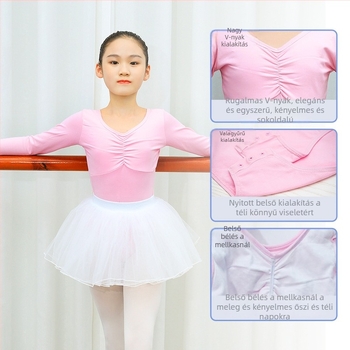 Gyerek balett egyrészes öltözet edzésre és vizsgákra, hosszú ujjú, 93% pamut, lágy felület, 8 évesnél idősebb lányoknak