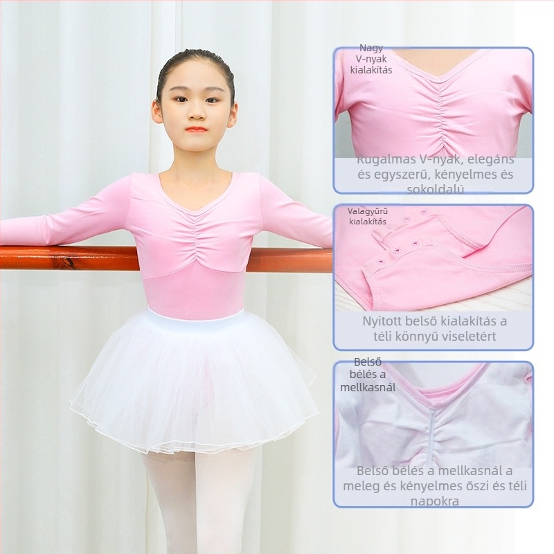 Gyerek balett egyrészes öltözet edzésre és vizsgákra, hosszú ujjú, 93% pamut, lágy felület, 8 évesnél idősebb lányoknak