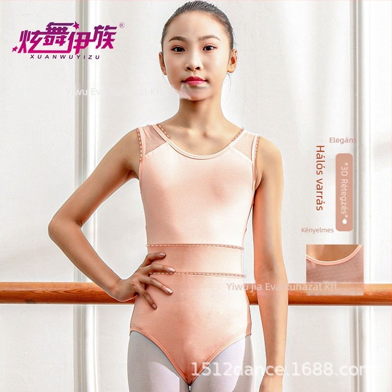 Gyerekeknek szóló ujjatlan csillagvarrásos gyakorló táncruha – balett/kínai tánc ruha, tiszta pamut, lágyított anyag