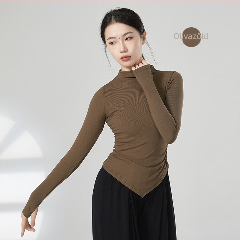 Modern táncpróba felső – női hosszú ujjú kötött top, viszkóz 93% és elasztán 7%, bordázott pamut anyag, alkalmas színpadi viseletre balettnél, latin és etnikai táncokhoz