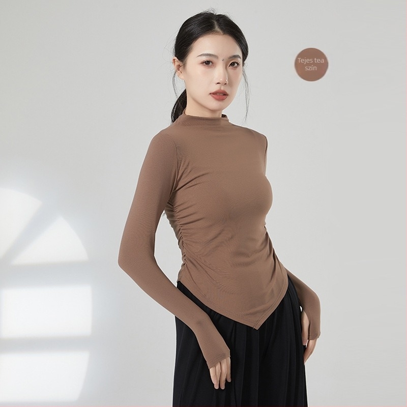 Modern táncpróba felső – női hosszú ujjú kötött top, viszkóz 93% és elasztán 7%, bordázott pamut anyag, alkalmas színpadi viseletre balettnél, latin és etnikai táncokhoz