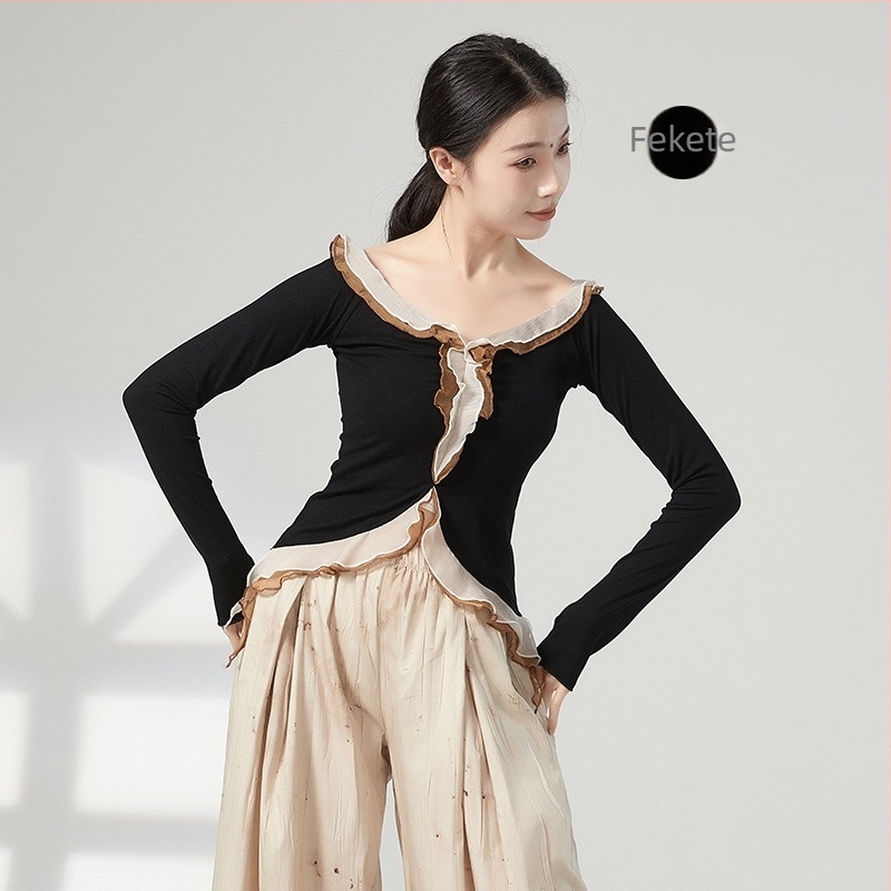 Etno tánc hosszú ujjú felső, bordázott pamut + chiffon, 92% viszkóz, színblokkal mintázott, nőknek