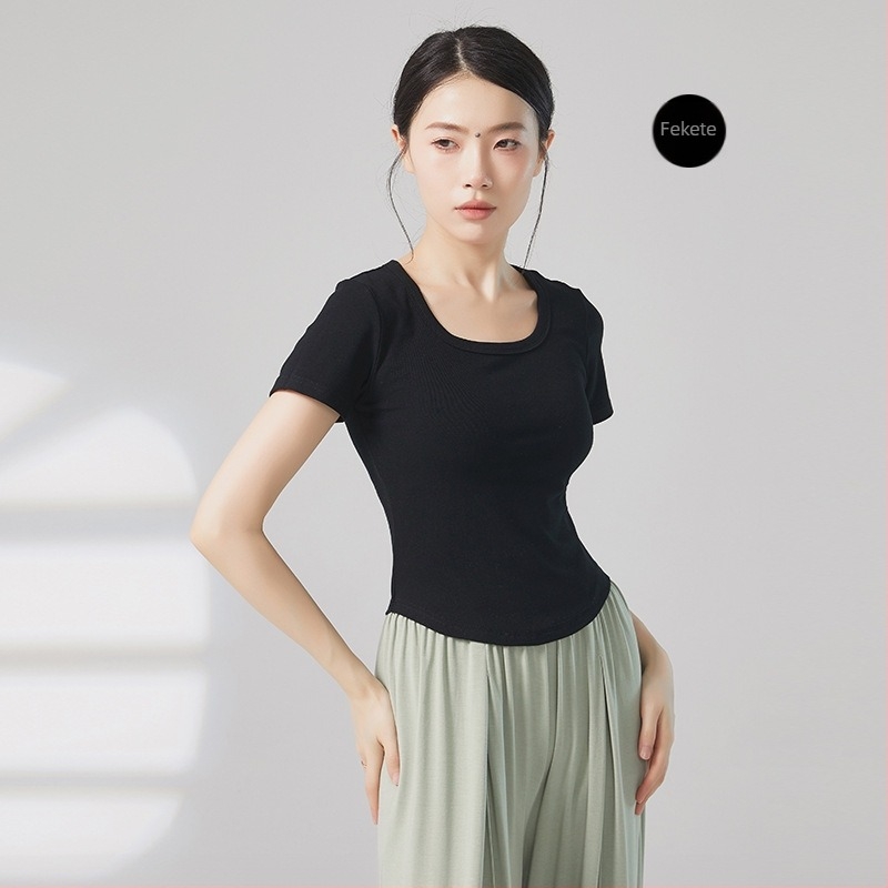 Női modern tánc felső, U-nyak, rövid ujjú, bordázott pamut–viszkóz keverék (92% viszkóz)