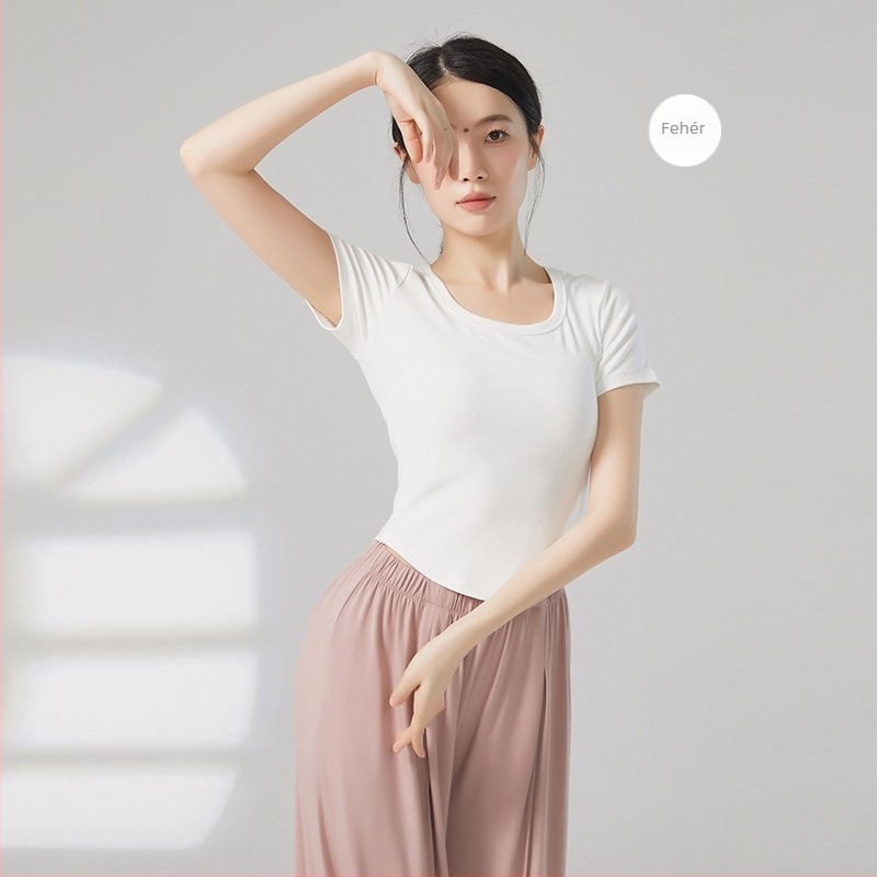 Női modern tánc felső, U-nyak, rövid ujjú, bordázott pamut–viszkóz keverék (92% viszkóz)