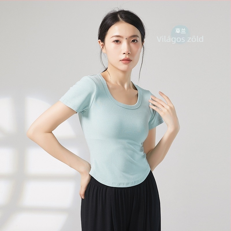 Női modern tánc felső, U-nyak, rövid ujjú, bordázott pamut–viszkóz keverék (92% viszkóz)