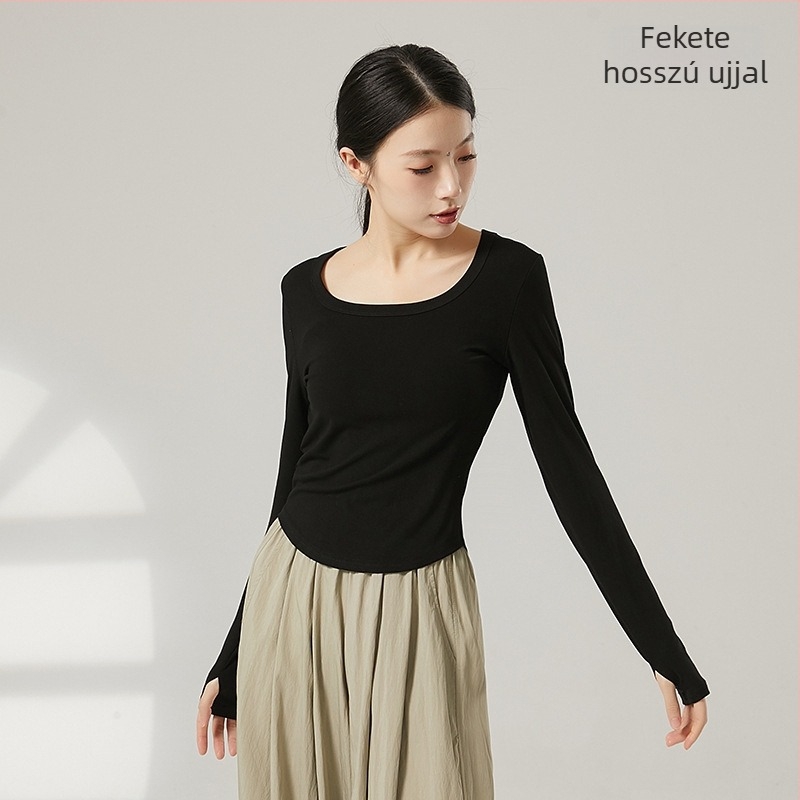 Női modern tánc felső, U-nyak, rövid ujjú, bordázott pamut–viszkóz keverék (92% viszkóz)