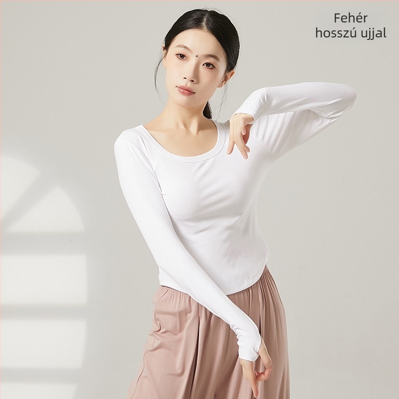 Női modern tánc felső, U-nyak, rövid ujjú, bordázott pamut–viszkóz keverék (92% viszkóz)