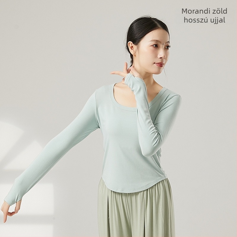 Női modern tánc felső, U-nyak, rövid ujjú, bordázott pamut–viszkóz keverék (92% viszkóz)