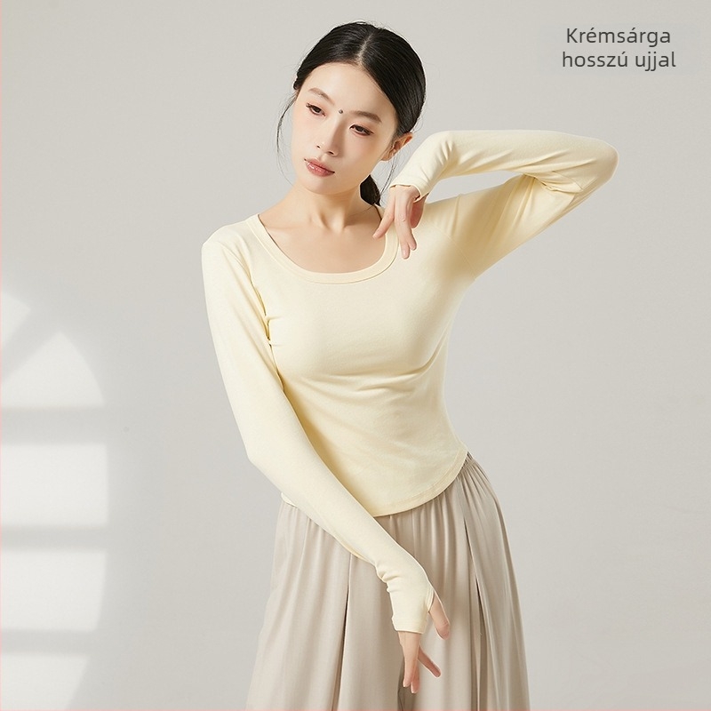 Női modern tánc felső, U-nyak, rövid ujjú, bordázott pamut–viszkóz keverék (92% viszkóz)