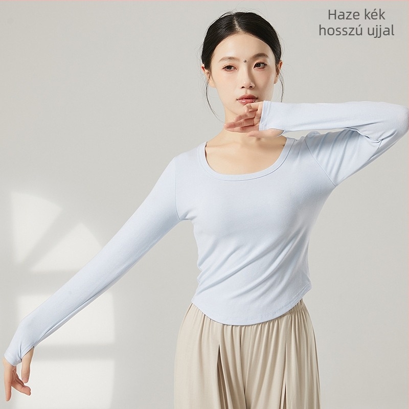 Női modern tánc felső, U-nyak, rövid ujjú, bordázott pamut–viszkóz keverék (92% viszkóz)