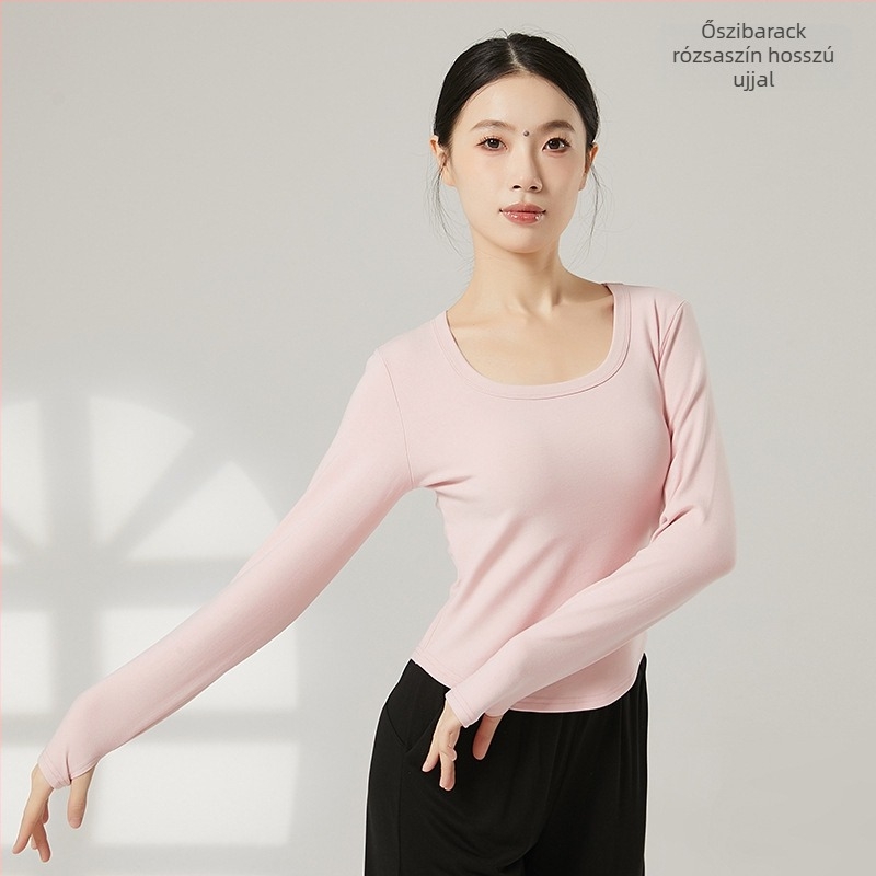 Női modern tánc felső, U-nyak, rövid ujjú, bordázott pamut–viszkóz keverék (92% viszkóz)