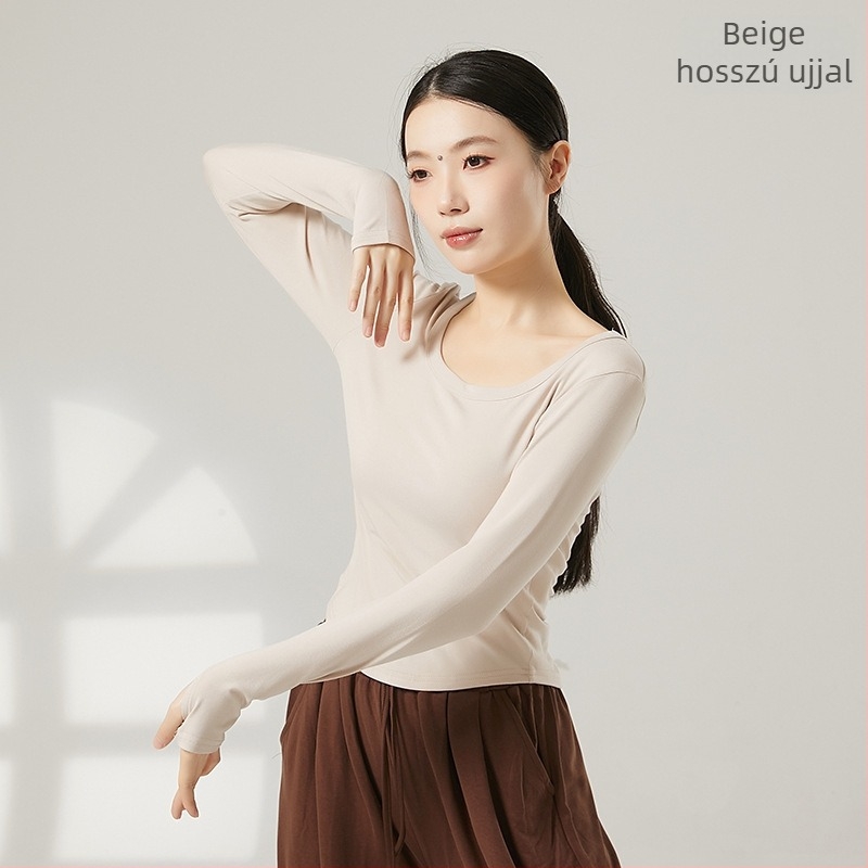 Női modern tánc felső, U-nyak, rövid ujjú, bordázott pamut–viszkóz keverék (92% viszkóz)