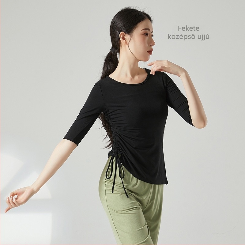 Női modern tánc top húzózsinórral és hasítékkal, lazán szabott, félujjú, anyaga viszkóz rayon, alkalmas balettre, latin és etno táncra