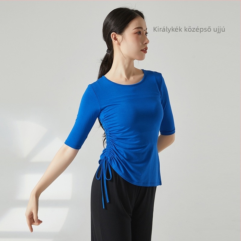 Női modern tánc top húzózsinórral és hasítékkal, lazán szabott, félujjú, anyaga viszkóz rayon, alkalmas balettre, latin és etno táncra