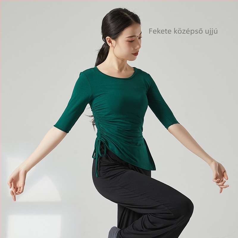 Női modern tánc top húzózsinórral és hasítékkal, lazán szabott, félujjú, anyaga viszkóz rayon, alkalmas balettre, latin és etno táncra