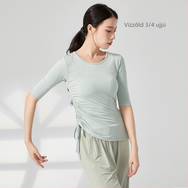 Női modern tánc top húzózsinórral és hasítékkal, lazán szabott, félujjú, anyaga viszkóz rayon, alkalmas balettre, latin és etno táncra