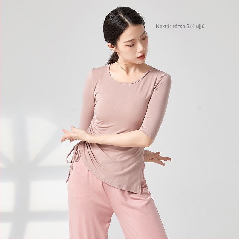 Női modern tánc top húzózsinórral és hasítékkal, lazán szabott, félujjú, anyaga viszkóz rayon, alkalmas balettre, latin és etno táncra