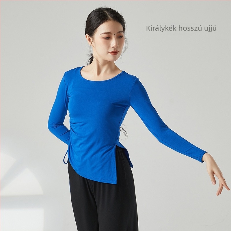 Női modern tánc top húzózsinórral és hasítékkal, lazán szabott, félujjú, anyaga viszkóz rayon, alkalmas balettre, latin és etno táncra