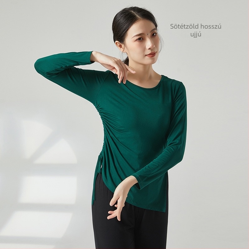 Női modern tánc top húzózsinórral és hasítékkal, lazán szabott, félujjú, anyaga viszkóz rayon, alkalmas balettre, latin és etno táncra