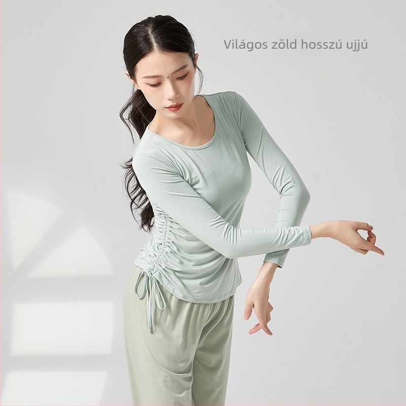 Női modern tánc top húzózsinórral és hasítékkal, lazán szabott, félujjú, anyaga viszkóz rayon, alkalmas balettre, latin és etno táncra