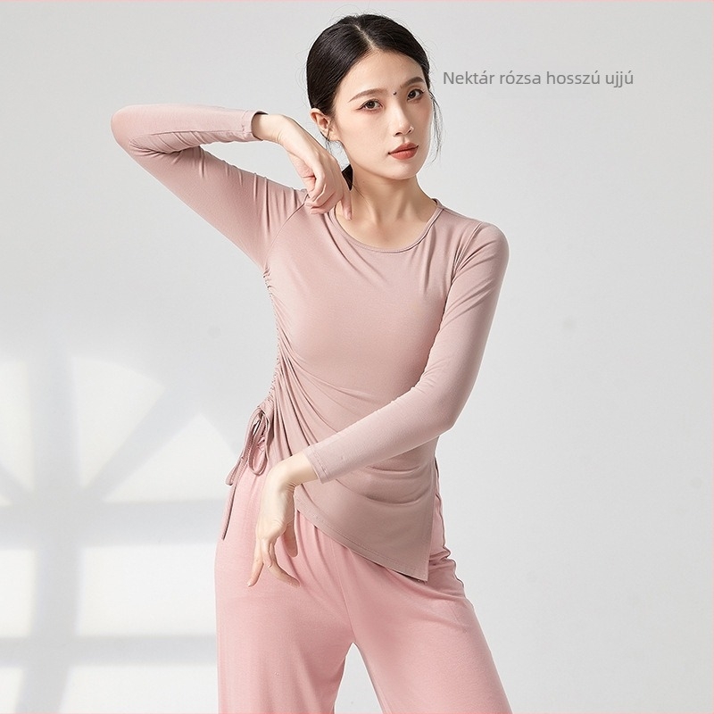 Női modern tánc top húzózsinórral és hasítékkal, lazán szabott, félujjú, anyaga viszkóz rayon, alkalmas balettre, latin és etno táncra