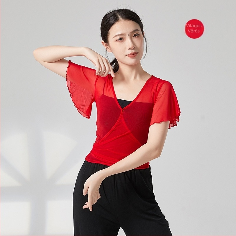 Etnikus táncruha — hálószövésű anyag, 95% nejlon, női rövid ujjú dzseki, színpadi előadásokhoz és etnikai táncokhoz