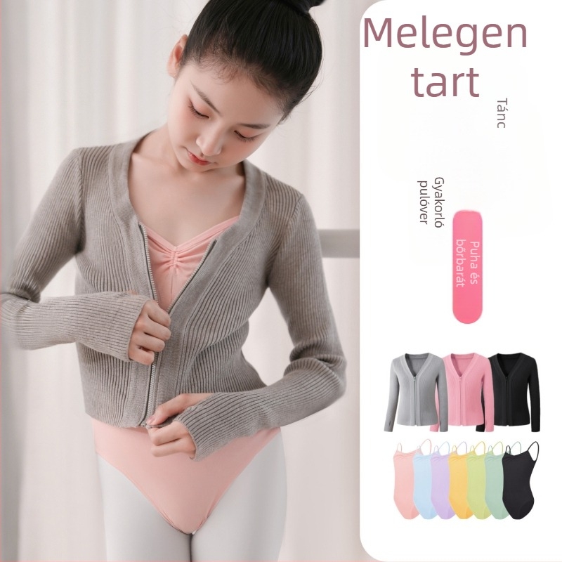 Gyerekeknek téli baletdzseki, cipzárral – Dancing kubi, puha kezelés, magas rugalmú core-spun fonal, viszkóz 50%, gallér nélkül, 3–8 éveseknek