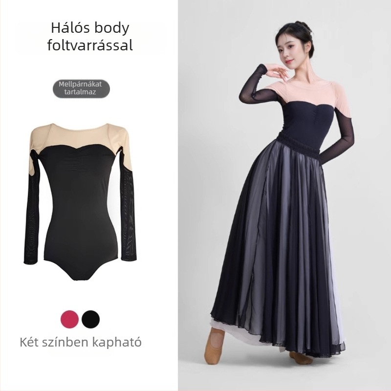 Fekete hálós betéttel készült klasszikus táncruha, elegáns hátsó rész és kamélia dísz