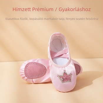 Fűző nélküli gyerek balettcipő hímzett koronával, macska tappancs formájú balettcipő masnival lányoknak