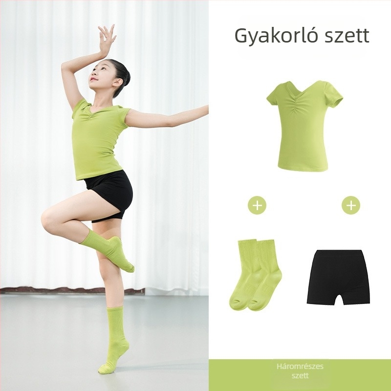 Nyári gyerek balett gyakorlóruha szett: rövid ujjú felső, body és nadrág – 3 részes készlet