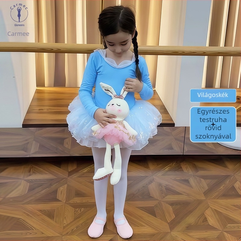 Gyerekeknek szóló balett- és gimnasztika ruházat: felső hosszú ujjú és szoknya, hátán pillangó mintával; nejlon anyag, puha felületkezelés, enzimes mosás; 3–8 évesek