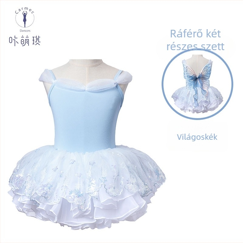 Gyerekeknek szóló balett- és gimnasztika ruházat: felső hosszú ujjú és szoknya, hátán pillangó mintával; nejlon anyag, puha felületkezelés, enzimes mosás; 3–8 évesek