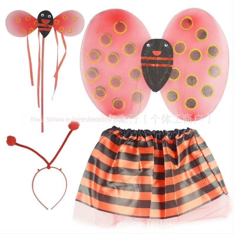 Gyermekek táncjelmez: katica szárnyak, rovar témájú ruházat és tündérpálca; 3–8 éveseknek; Modal anyag hálós szövésű, puha kezeléssel; IP engedély