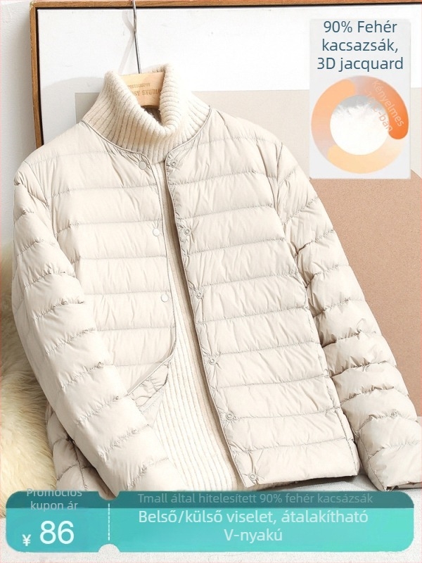 Női könnyű pehelydzseki: 86-90% pehely, külső nylon, kerek gallér, hosszú ujjú, ősz 2025